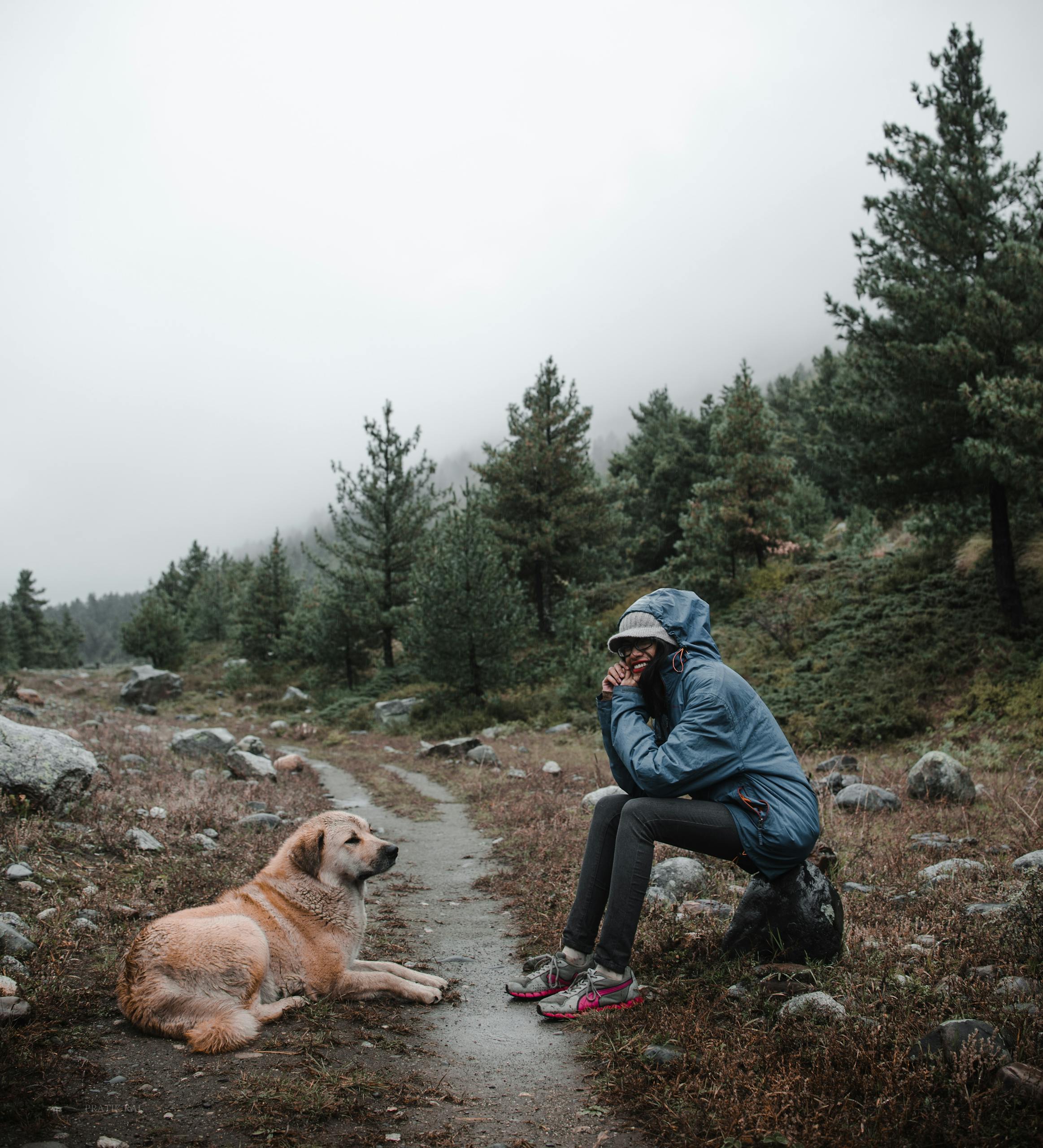 A woman in a blue jacket sits on a forest trail, sharing a moment with her dog.